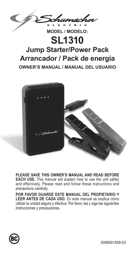 Schumacher SL1310 400 Peak Amp Lithium Ion Jump Starter/ Power Pack Owner's manual Manualzz
