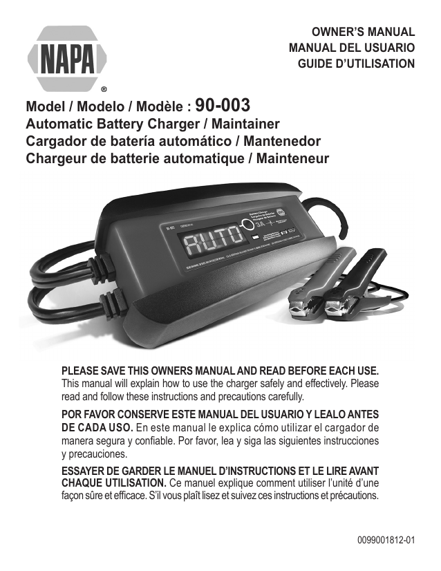 Schumacher NAPA 90003 Automatic Battery Charger/Maintainer Owner's