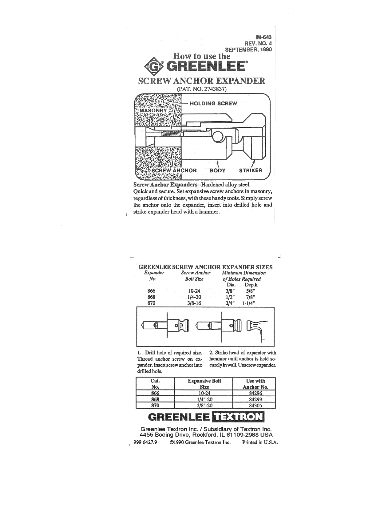 Greenlee Screw Anchor Expander Schematic 868, 870 & 866 Operator's