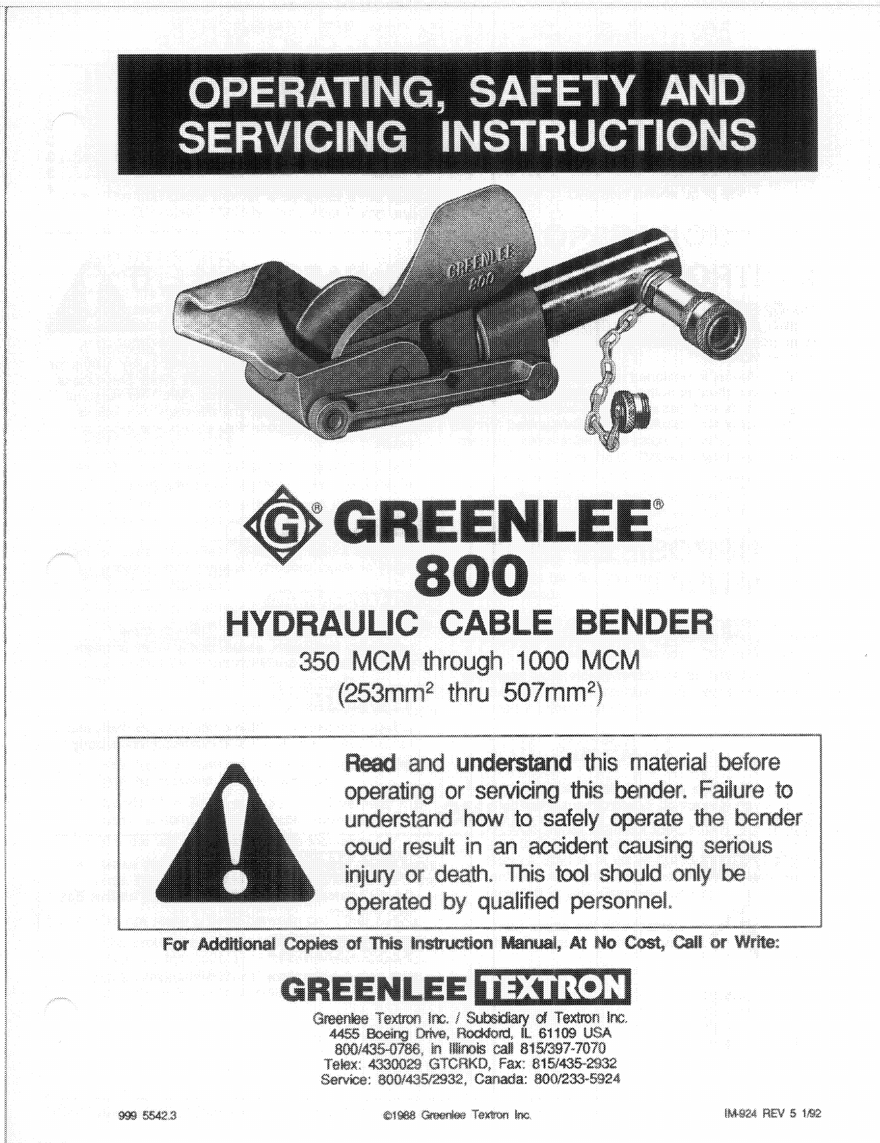 Greenlee 800 Hydraulic Cable Bender User manual Manualzz