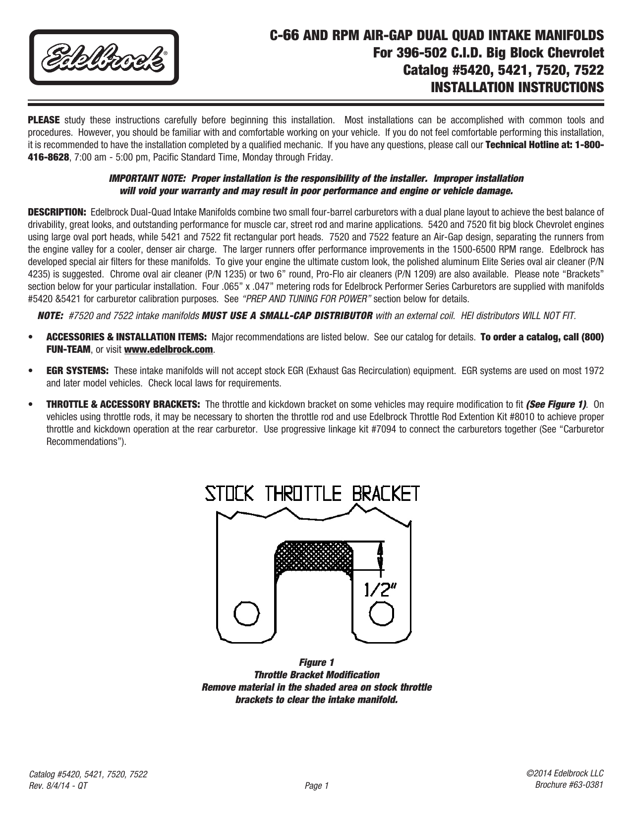 Edelbrock RPM AirGap Dual Quad Big Block Chevy Intake Manifold Installation Instructions Manualzz