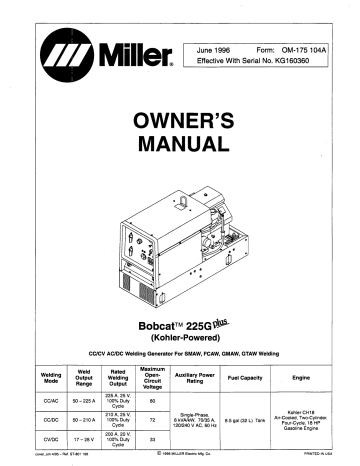 Miller BOBCAT 225G PLUS W/KOHLER ENGINE Owner's Manual | Manualzz
