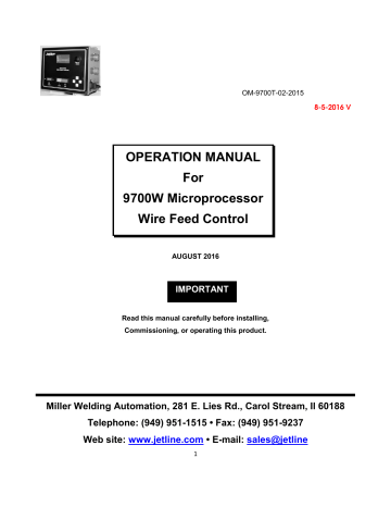 Miller JETLINE 9700W WIRE FEEDER CONTROL Operation Manual | Manualzz