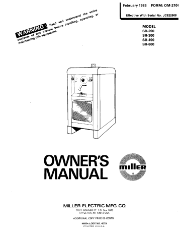 Miller SR-300 User Owner's Manual | Manualzz