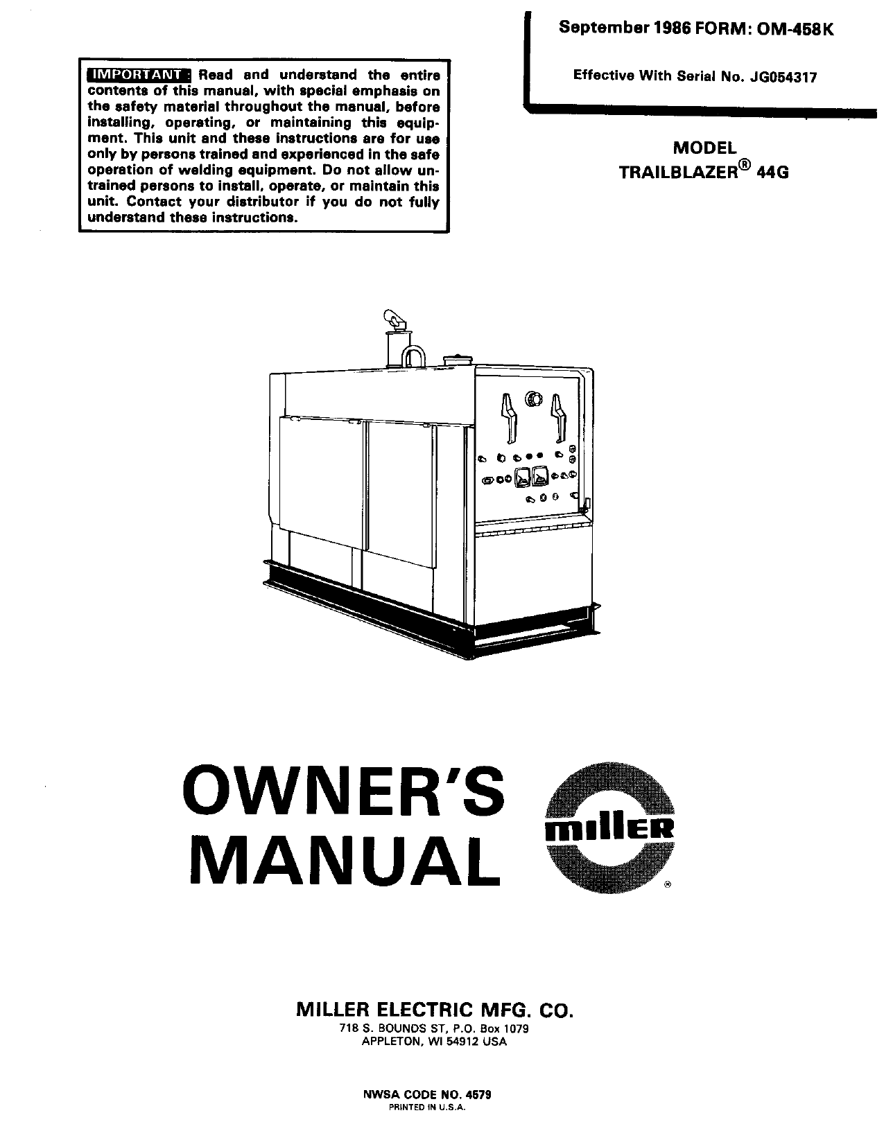 Miller Trailblazer 44g User Manual Manualzz