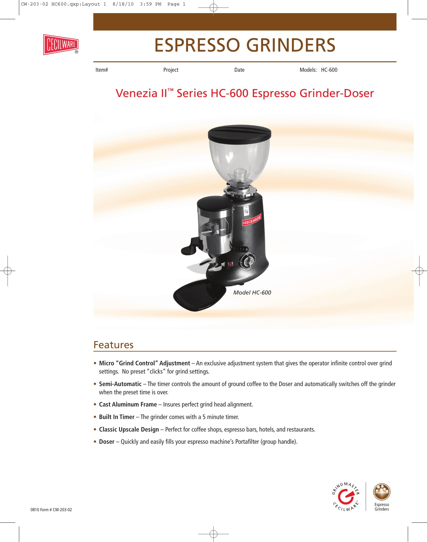 Grindmaster Venezia II Espresso Grinder 