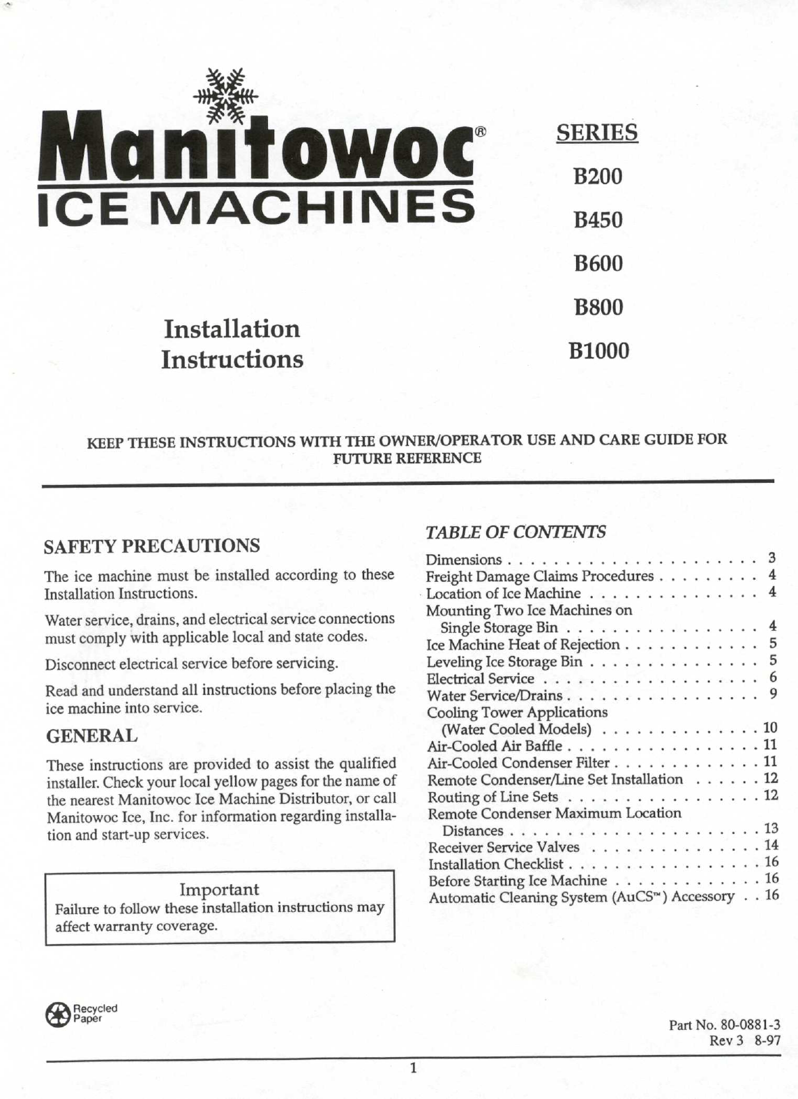 Manitowoc Ice Machine Installation Manual
