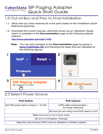 Cyberdata 011233 SIP Paging Adapter Quick Start Guide | Manualzz