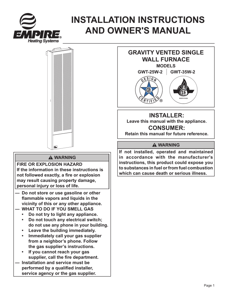 Empire Heating Systems Gravity Wall Furnace (GWT25/35W) Owner's manual