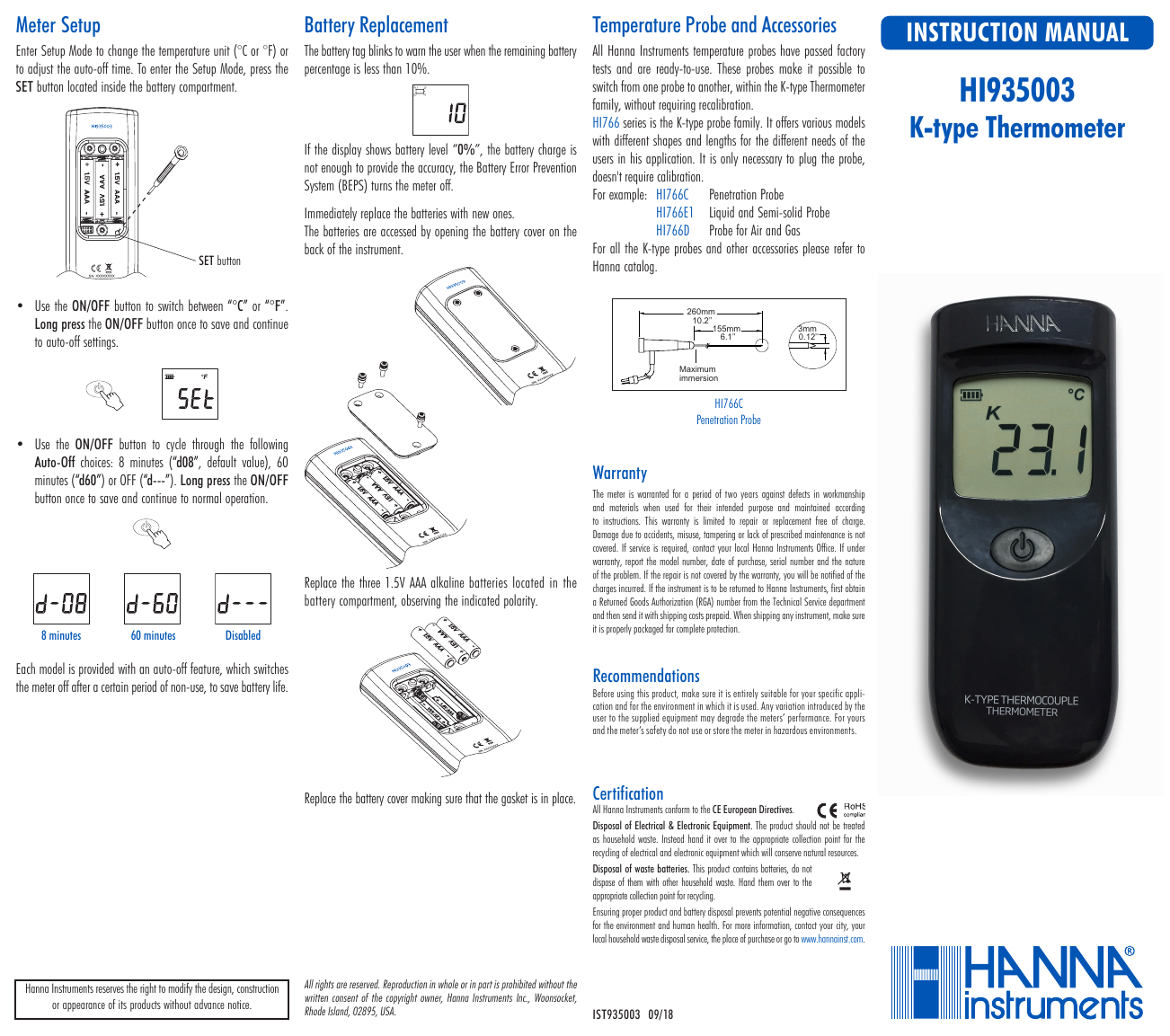Hanna Foodcare K-Type Thermocouple Thermometer with Interchangeable Probe - HI935001