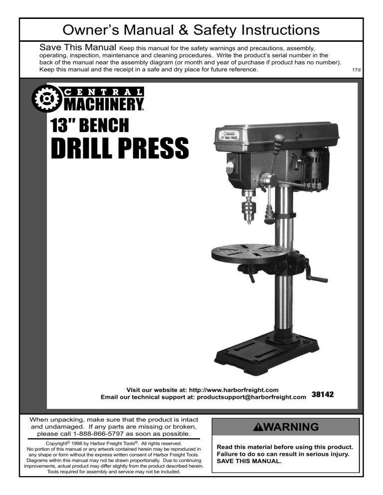 Central Machinery bench drill press, 13 in. 16 Speed Bench Drill Press, 38142 Owner's manual