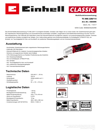 Utensile Multifunzione Einhell TC-MG 220/1 E | 220W | Con Accessori | Per Taglio, Levigatura E Smeriglio - Foto 4