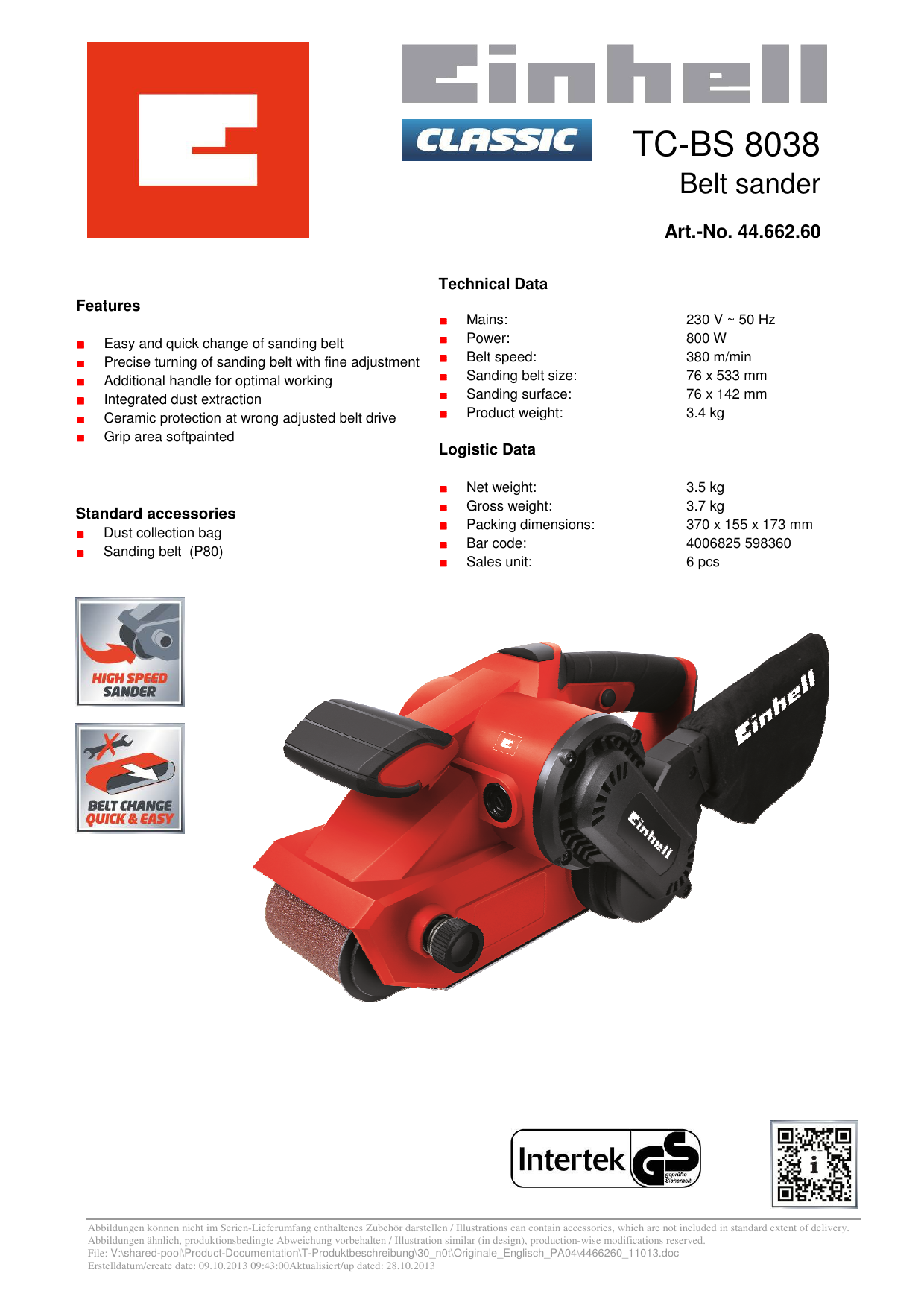 EINHELL TC-BS 8038 Belt Sander User manual