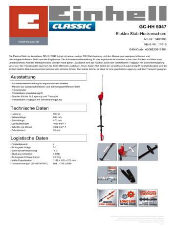 EINHELL GC-HH 5047 Electric Pole Hedge Trimmer Produktdatenblatt | Manualzz