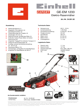 EINHELL GE-EM 1233 Electric Lawn Mower Produktdatenblatt | Manualzz