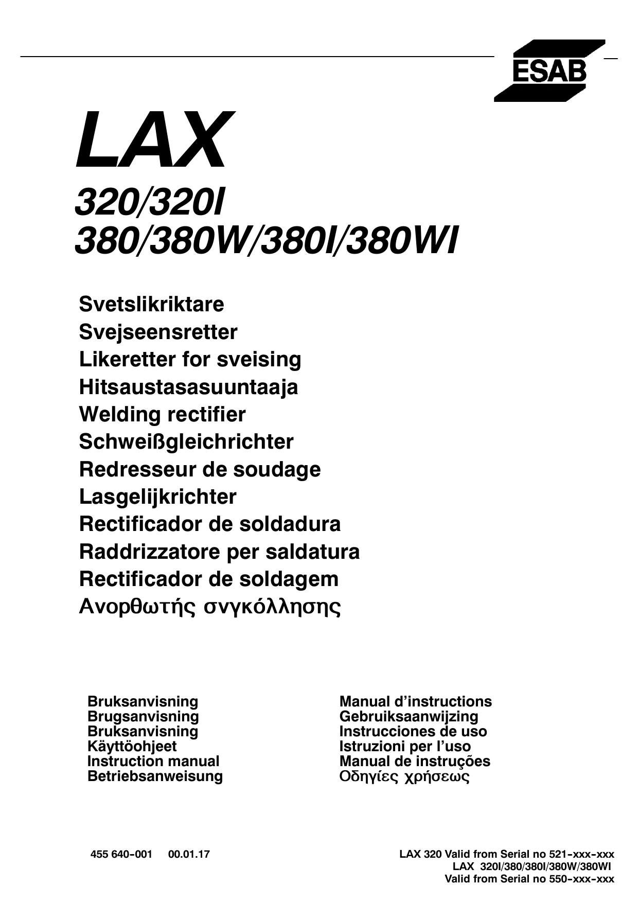ESAB LAX 320, LAX 380 User manual | Manualzz