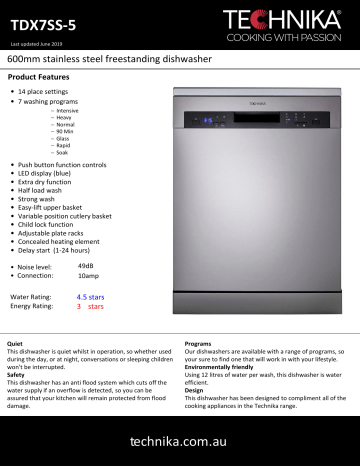 Technika TDX7SS-5 Dishwasher Spec Sheet | Manualzz