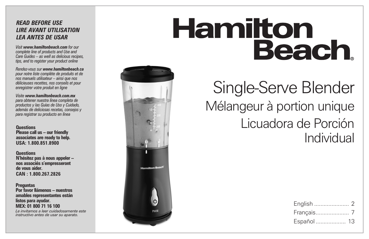 Hamilton Beach Replacement Single Serve Blender Jar Assembly Fits 51110 for  sale online