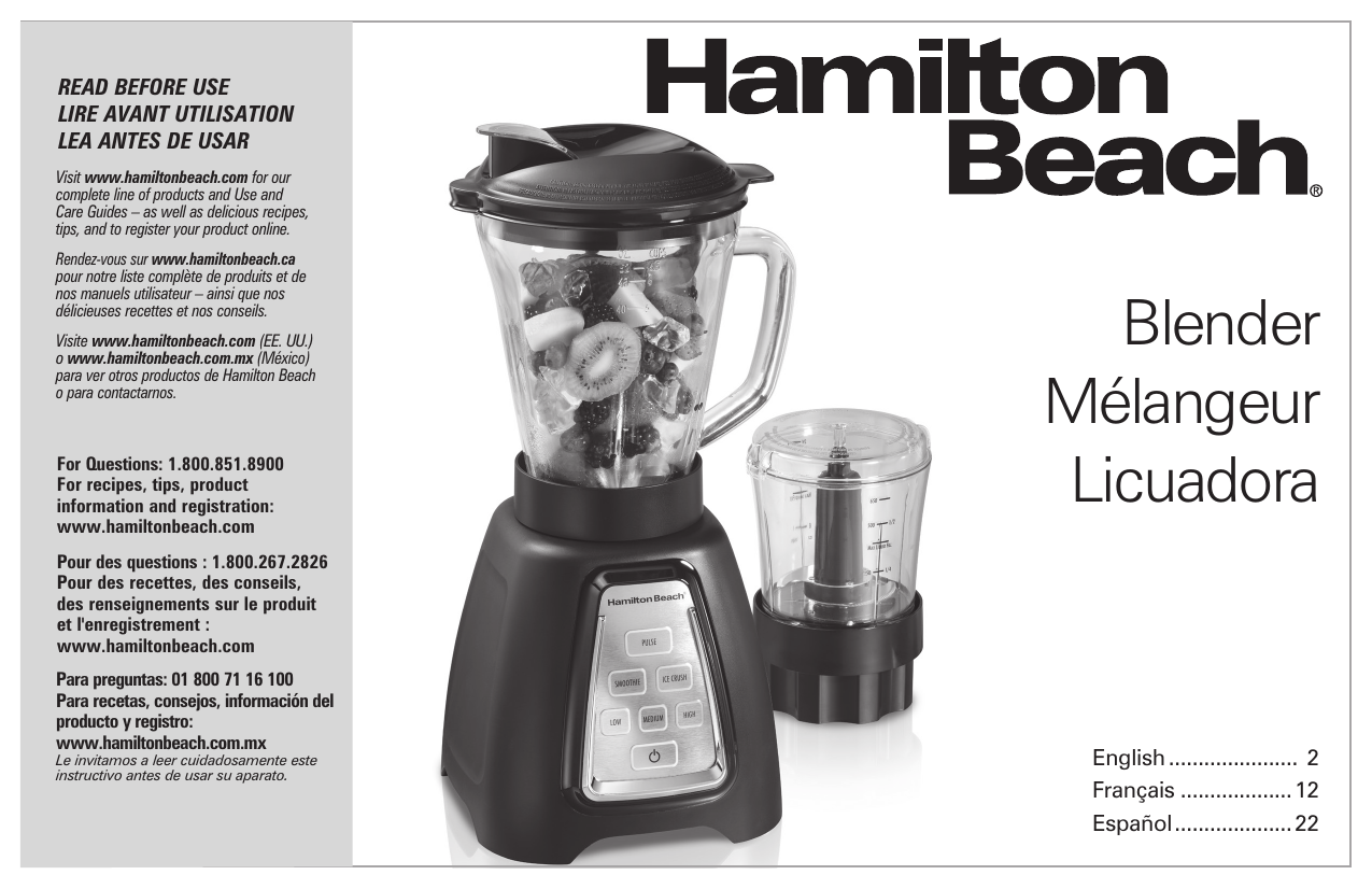 Hamilton Beach 58242 2-in-1 MultiBlend® Blender Use and Care Guide |  Manualzz