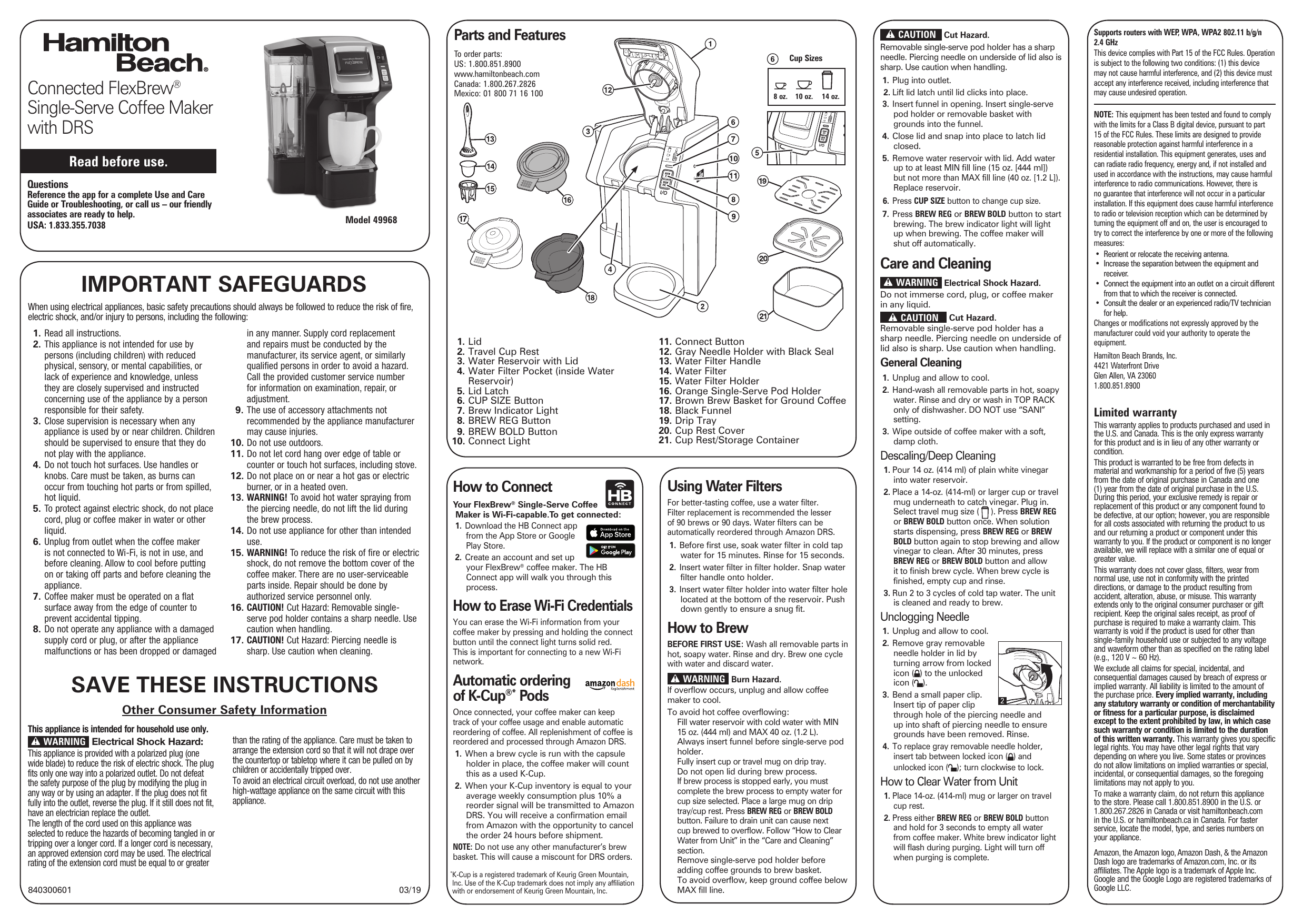 Hamilton Beach 49968 FlexBrew Connected Single Cup Coffee Maker with  Dash