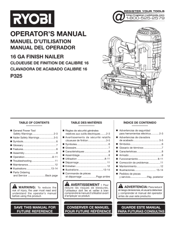 Ryobi P1852N-P320, P325-P360-P163, P325, P325-P163 Owner's manual