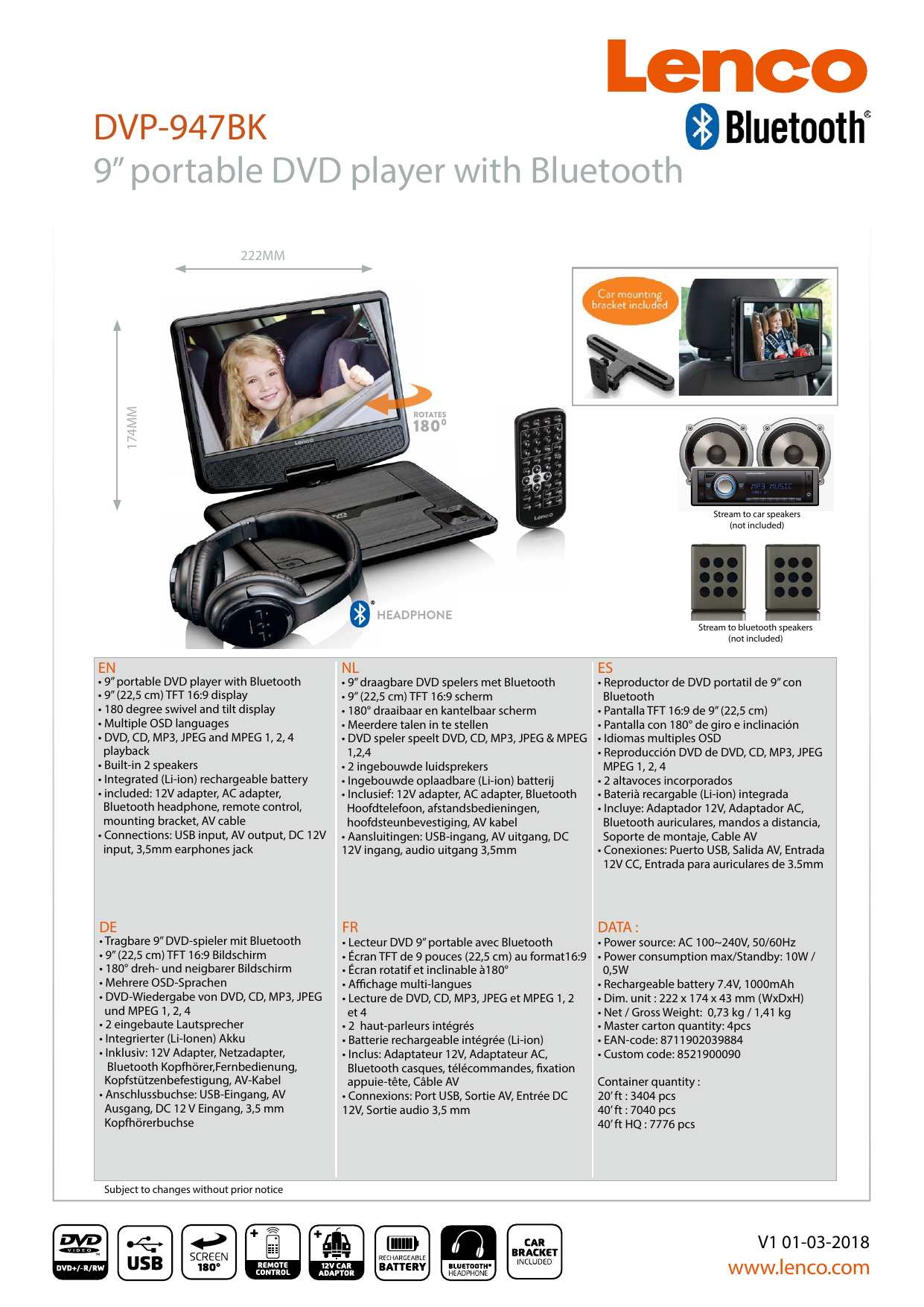 Lenco DVP-947 - Lecteur DVD portable avec Bluetooth - 9 pouces