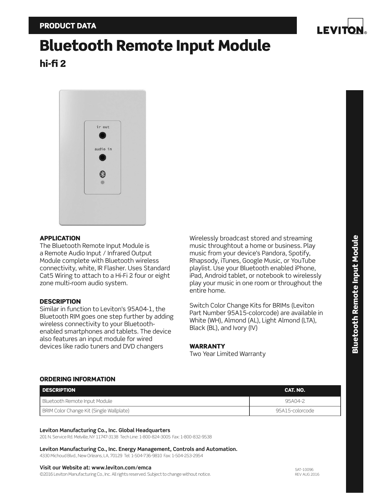 Leviton 95A04-2 Bluetooth Remote Input Module for Hi-Fi 2 Distributed Audio System