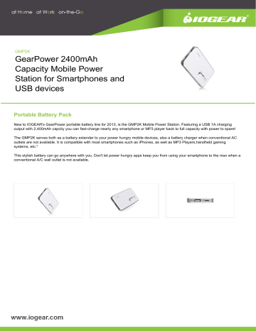 iogear GMP2K GearPower 2400mAh Capacity Mobile Power Station for Smartphones and USB devices Datasheet | Manualzz