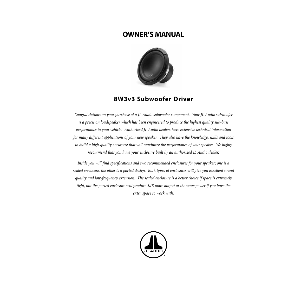 Jl Audio 8w3v3 4 Mobile Subwoofer Owner S Manual Manualzz