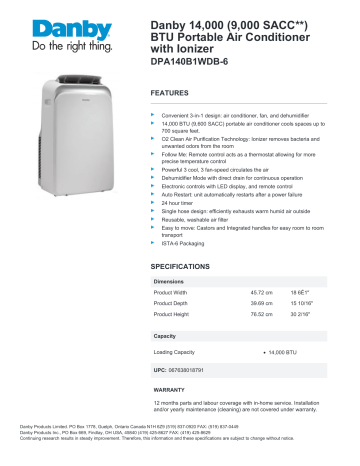 Danby DPA140B1WDB-6 14,000 (9,000 SACC**) BTU Portable Air Conditioner Product Specification | Manualzz