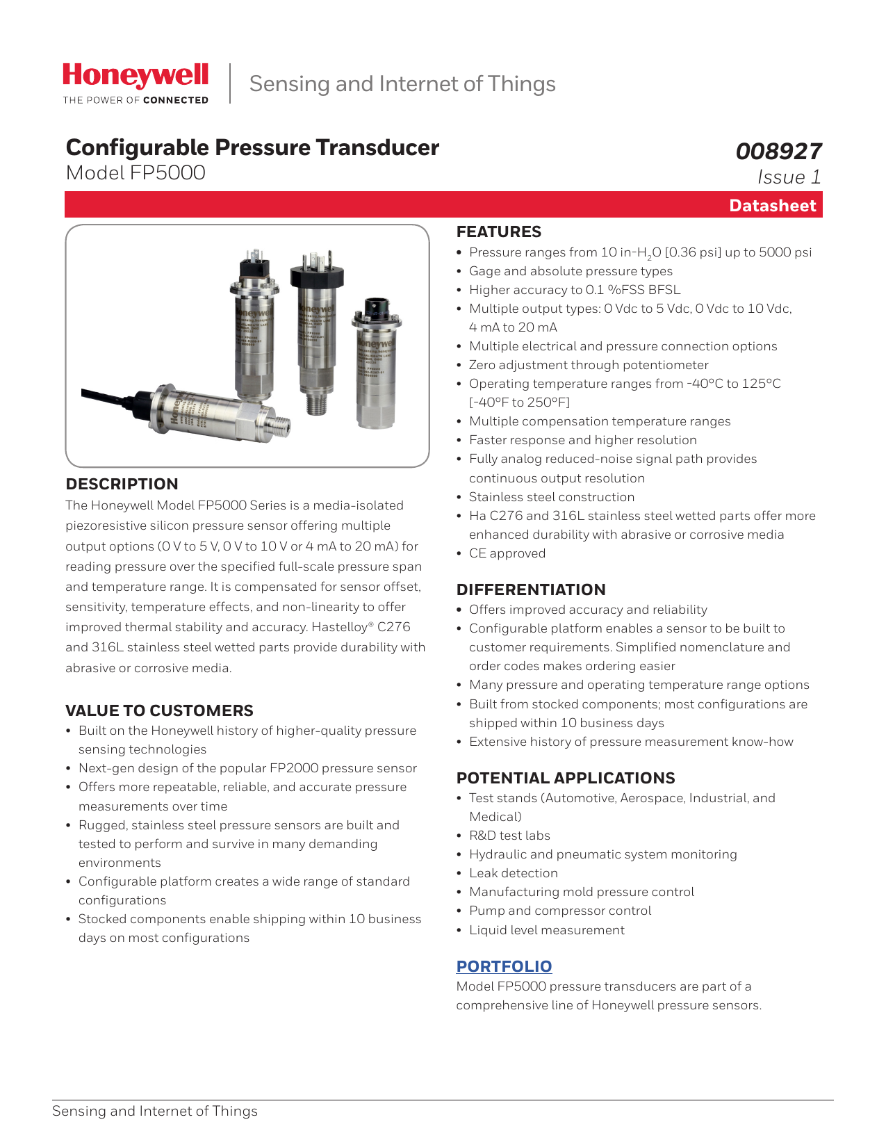 Honeywell FP5000 Pressure Transducer Datasheet Manualzz