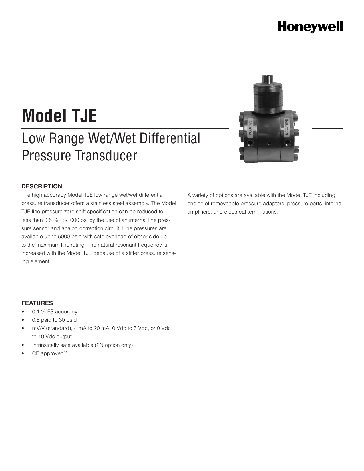 Honeywell TJE Low Differential Pressure Transducer Datasheet Manualzz