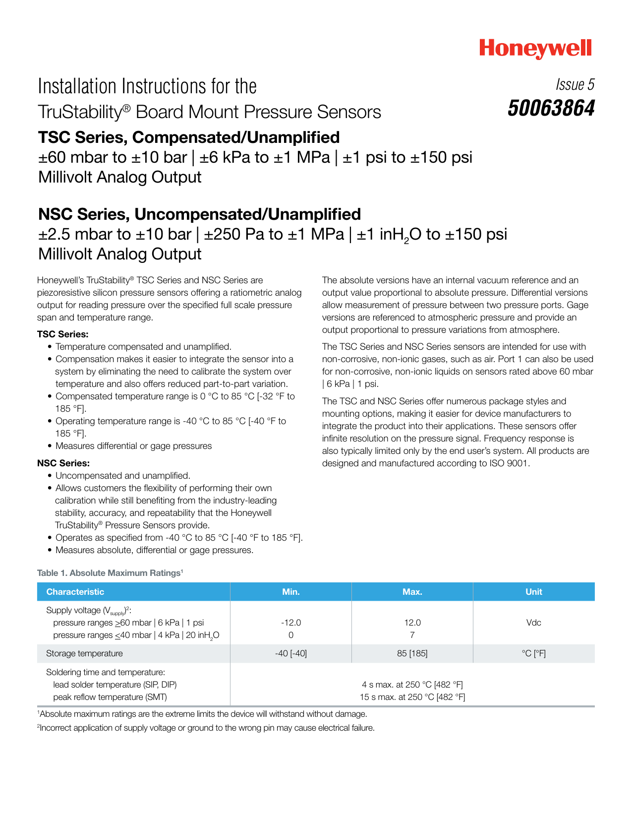 Honeywell Board Mount Pressure Sensorstsc Series And Nsc Series Installation Instruction Manualzz