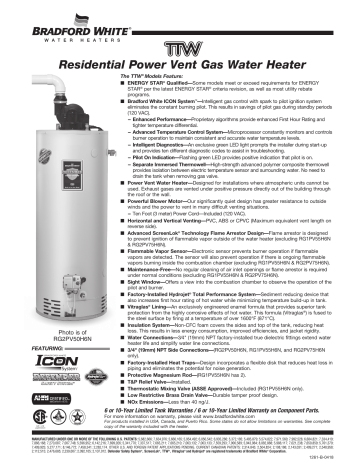 Bradford White RG1PV40S6N Power Vent Gas Spec Sheet | Manualzz