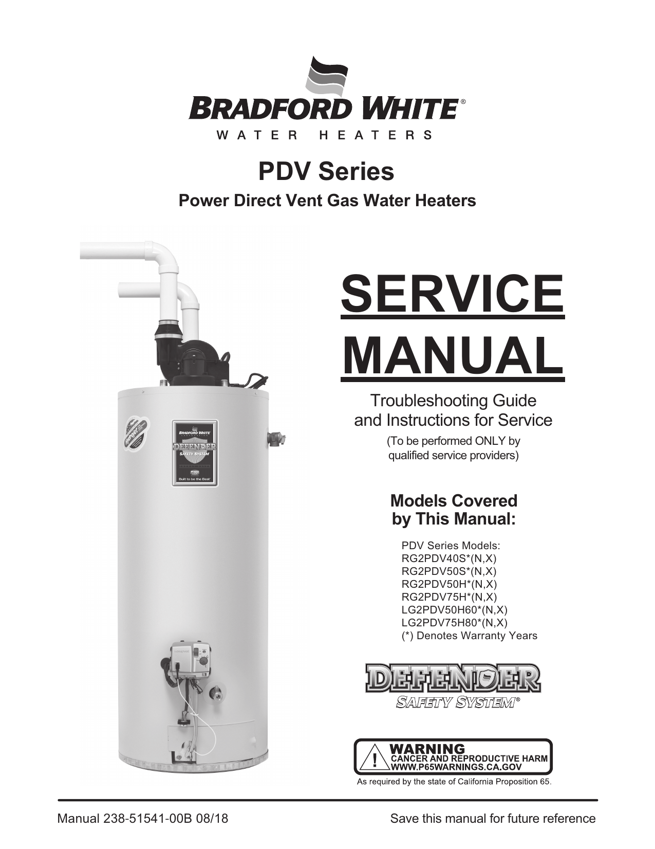 Bradford White RG2PDV40S6N Power Direct Vent Gas Service Manual | Manualzz