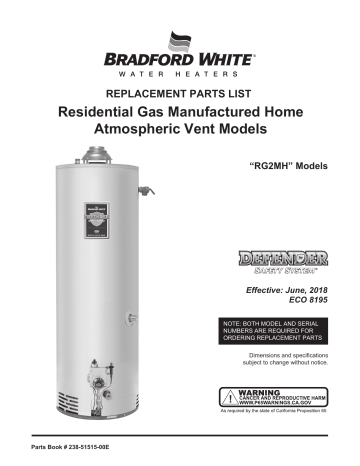 Bradford White RG2MH30T6X Manufactured Home Atmospheric Vent Gas Parts List  | Manualzz