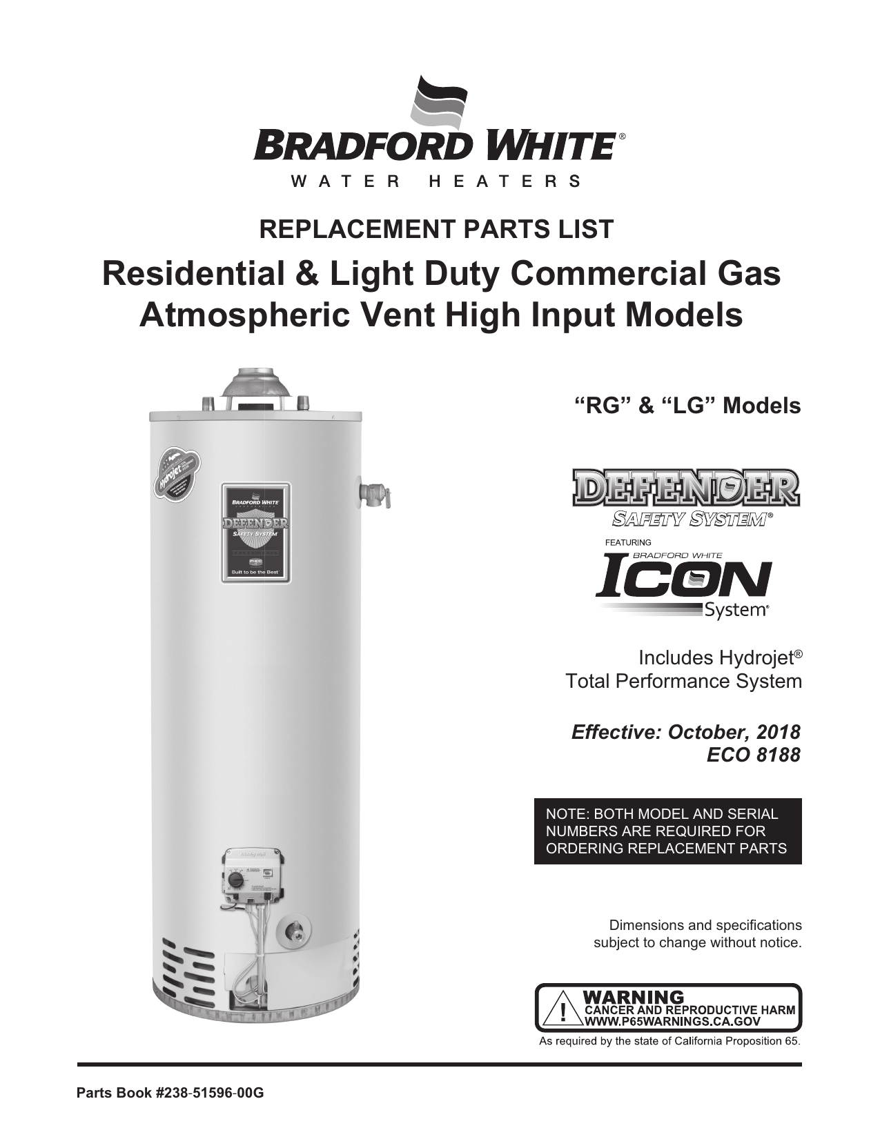 Bradford White LG250H653N Light Duty Atmospheric Vent Gas Parts List |  Manualzz