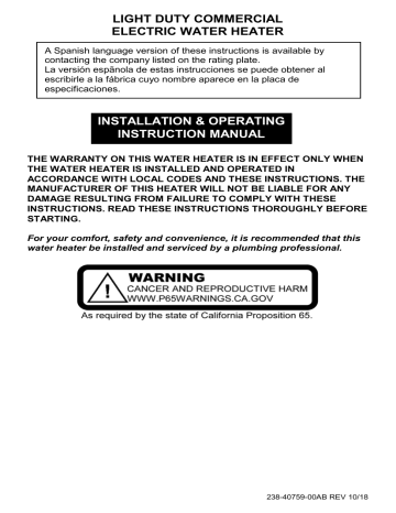 Bradford White LE120L3-3 ElectriFLEX LD (LIGHT DUTY) Lowboy Electric Manual  | Manualzz