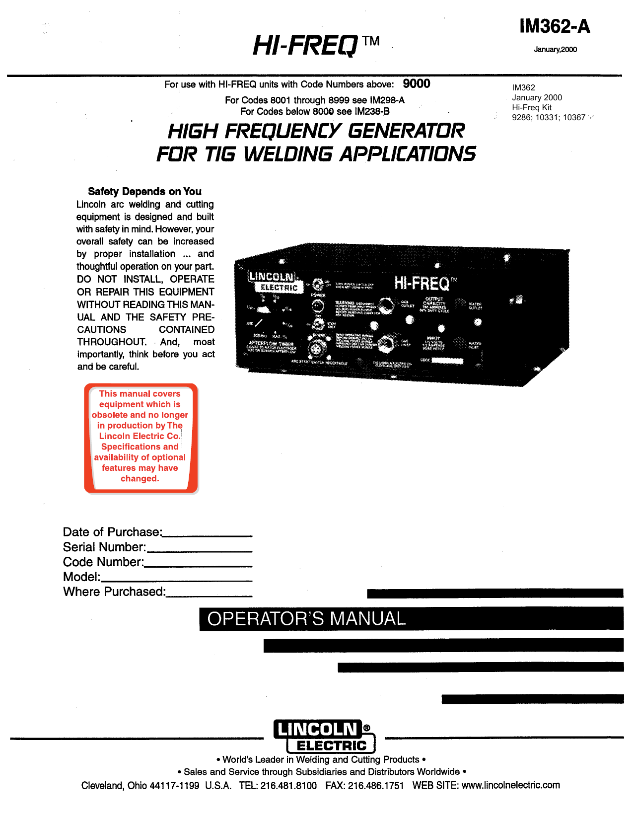 Lincoln Electric HiFreq Kit 10367 Instrukcja obsługi Manualzz