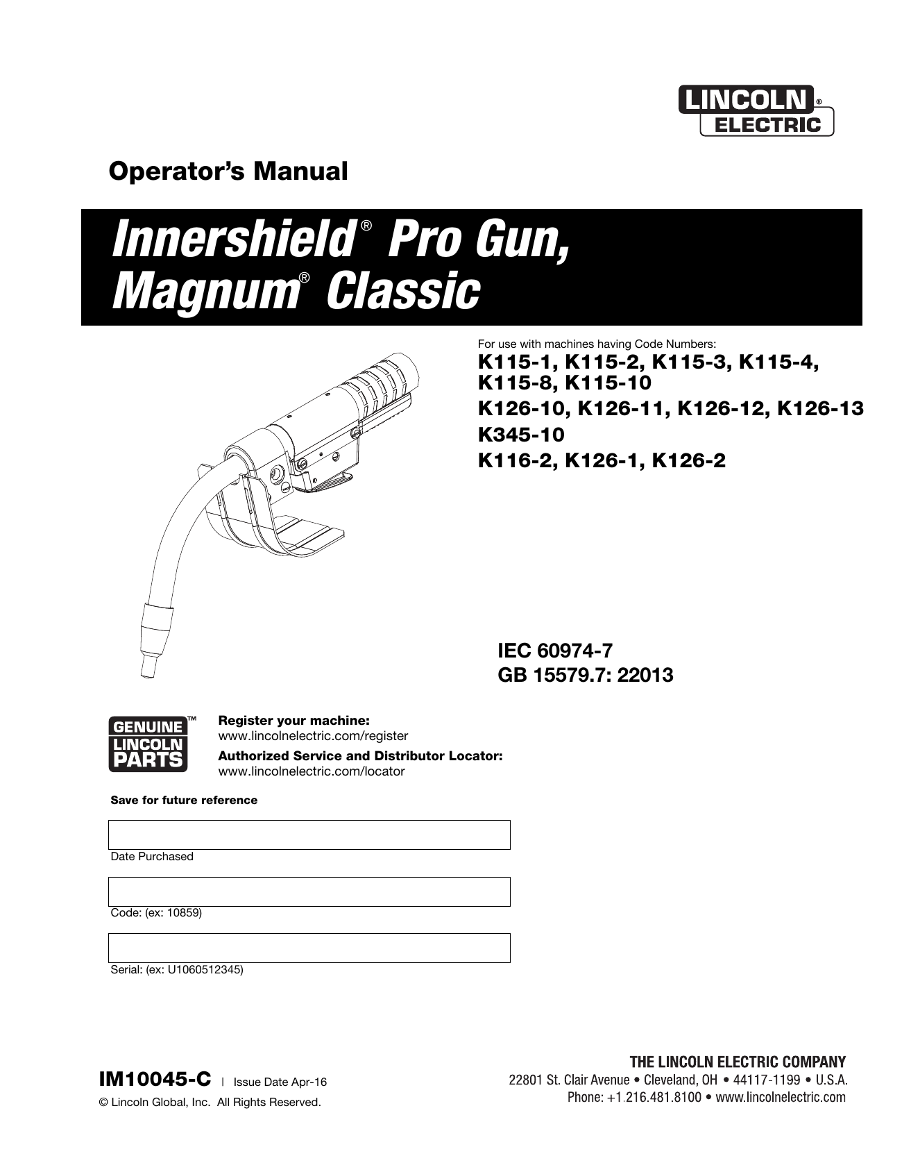 Lincoln Electric Innershield Pro Gun - K126-13 Operator Manual | Manualzz