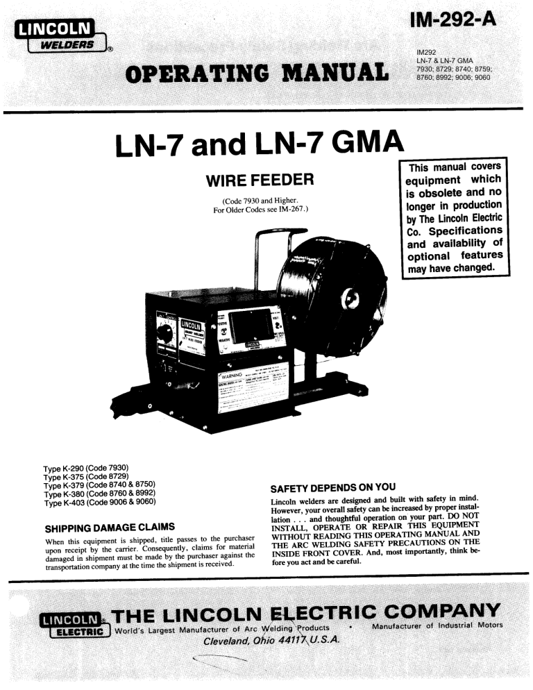 Lincoln Electric Ln 7 Operating Instructions Manualzz