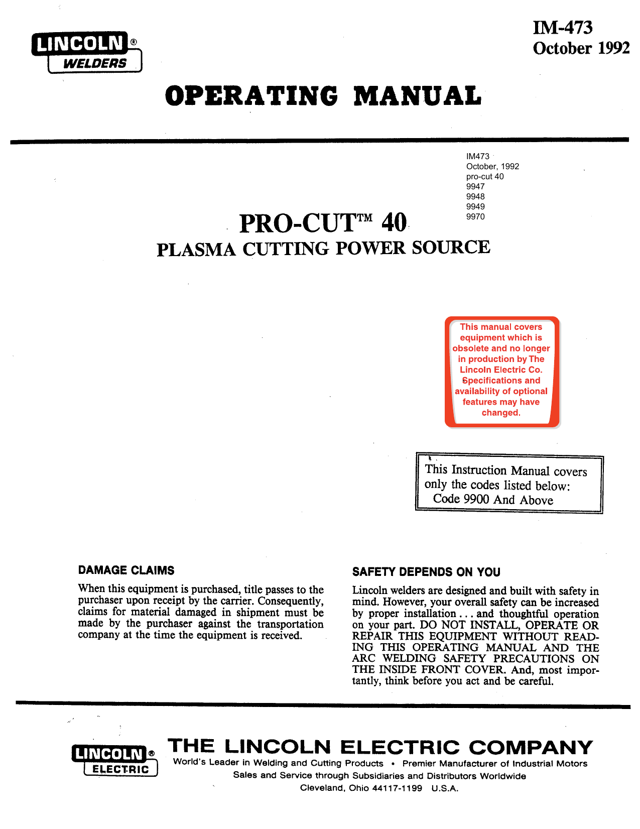 Lincoln Electric Pro Cut 40 Operating Instructions Manualzz