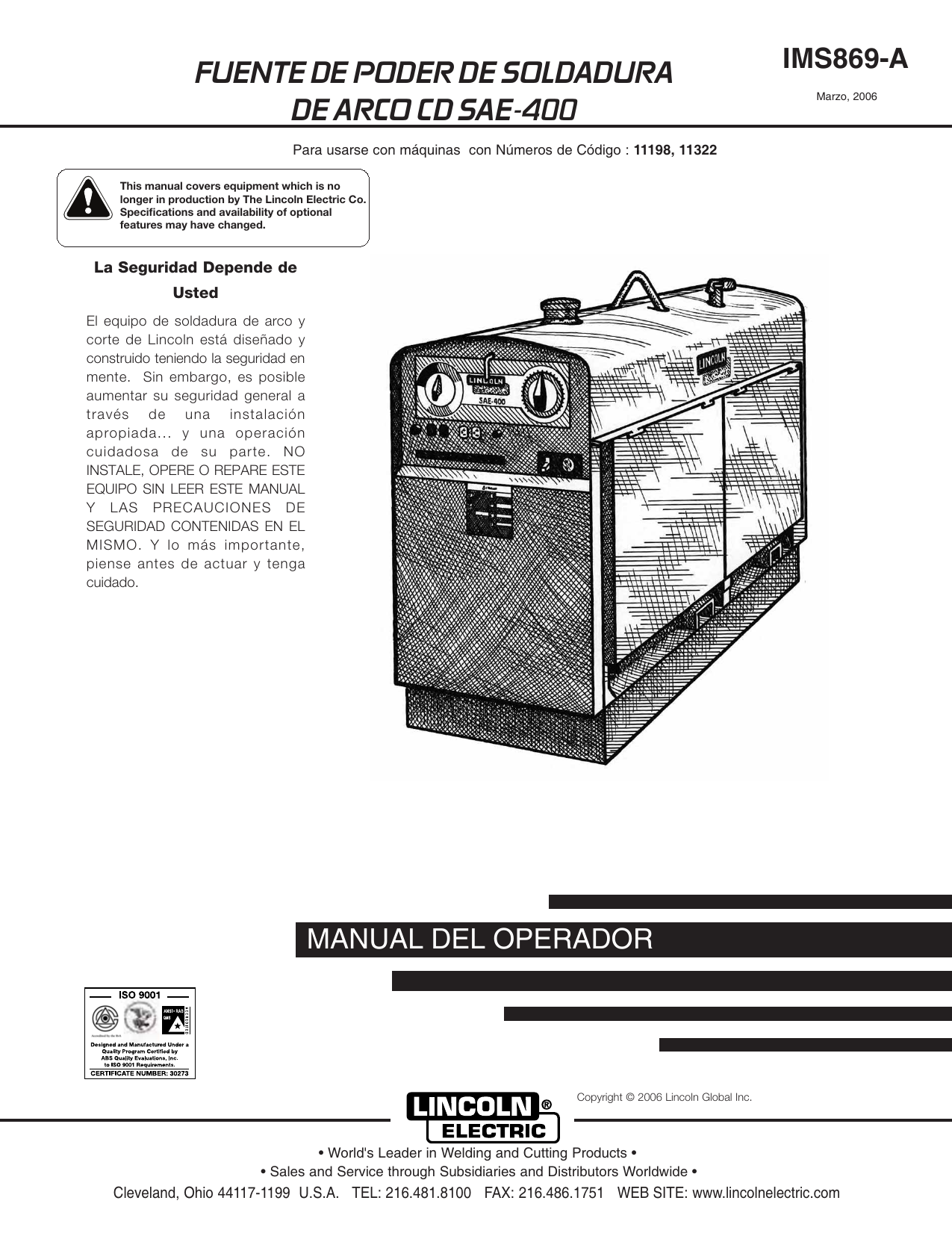 Lincoln Electric Shield-Arc SAE-400, SAE-400 Operating instructions