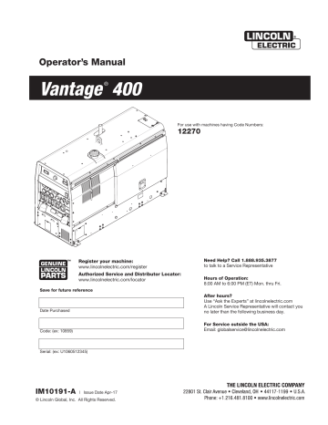 Lincoln Electric Vantage 400 - 12270 Operator Manual | Manualzz