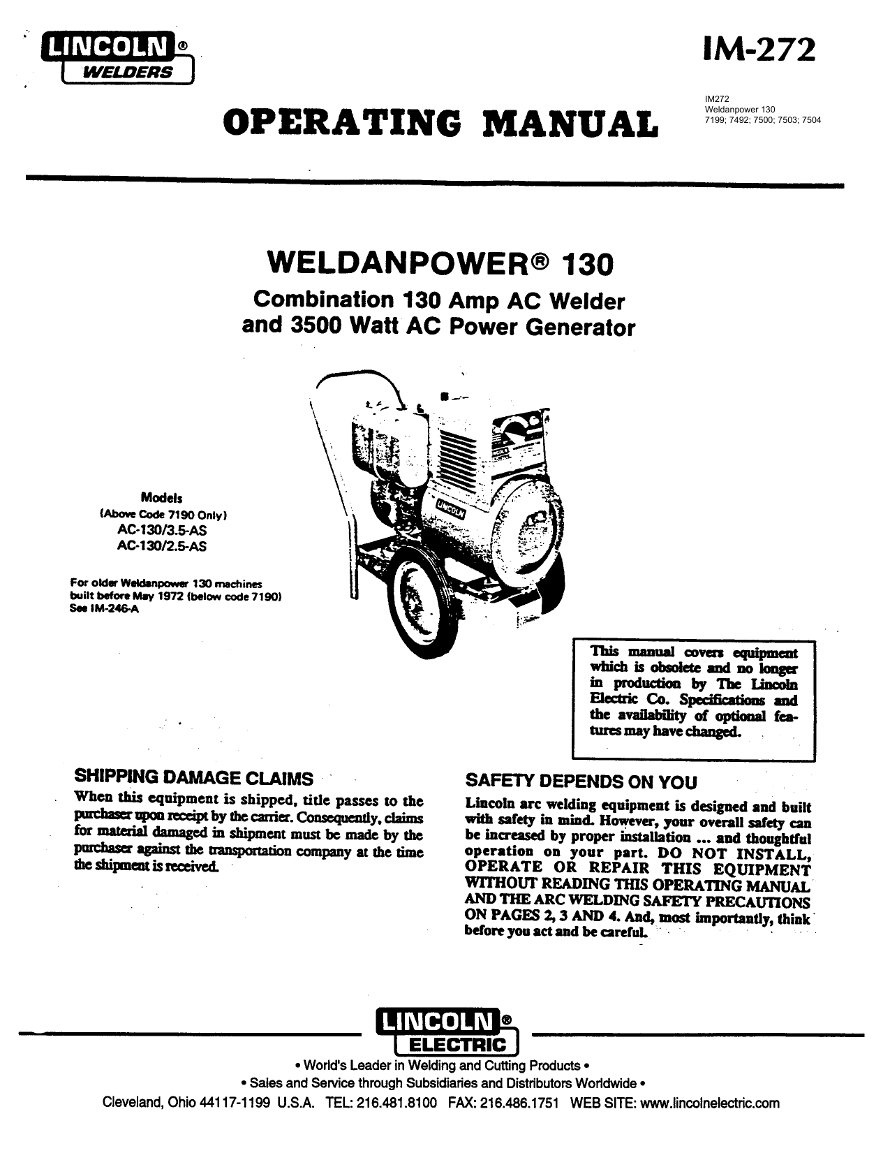 Lincoln Electric Weldanpower Ac 130 Operating Instructions Manualzz