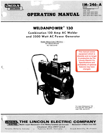 Lincoln Electric Weldanpower Ac 130 Operating Instructions Manualzz