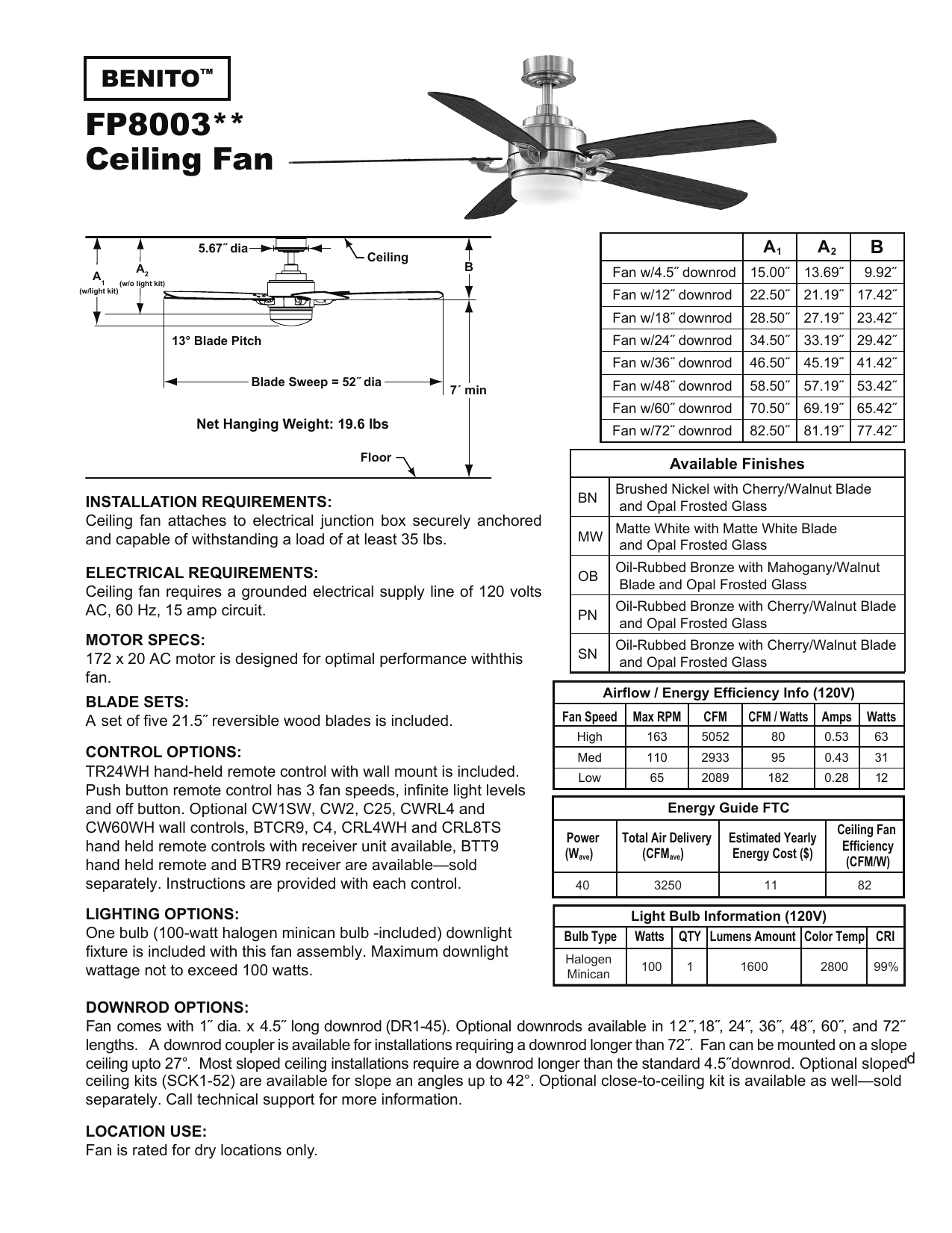 Fanimation Benito FP8003 Spec Sheet 
