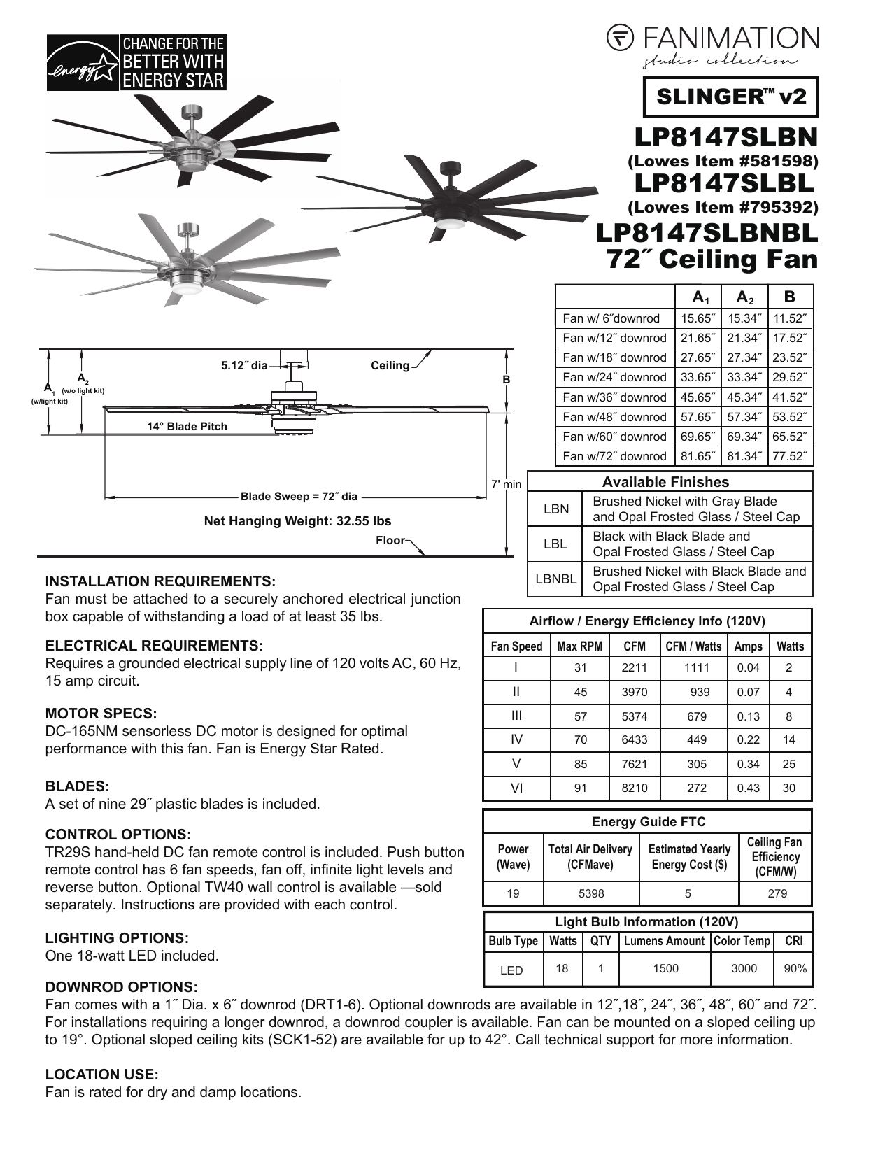 Fanimation LP8147SLBN Spec Sheet | Manualzz