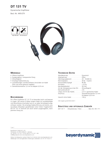 Beyerdynamic DT 131 TV Headphones Spezifikation | Manualzz