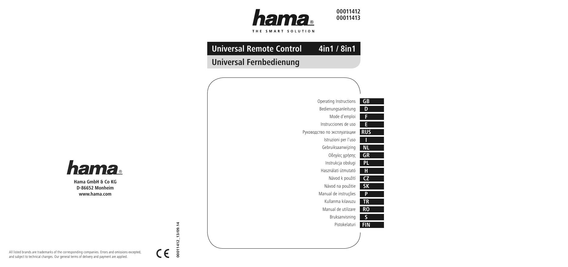 Hama 00011412 Universal 4in1 Remote Control Manuale utente Manualzz